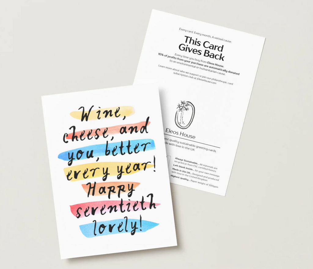 70th Birthday Card – 'Wine, Cheese and You' Watercolor and Ink Handwriting Card